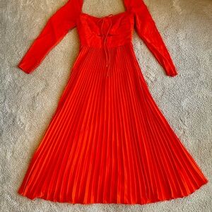 Self-Portrait Bright Orange Pleated Long Sleeve Midi Dress